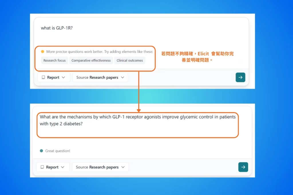 Elicit 使用教學:用 AI 加速文獻回顧,從幾百篇論文中篩出真正該讀的那幾篇 4 1_Elicit_輸入框