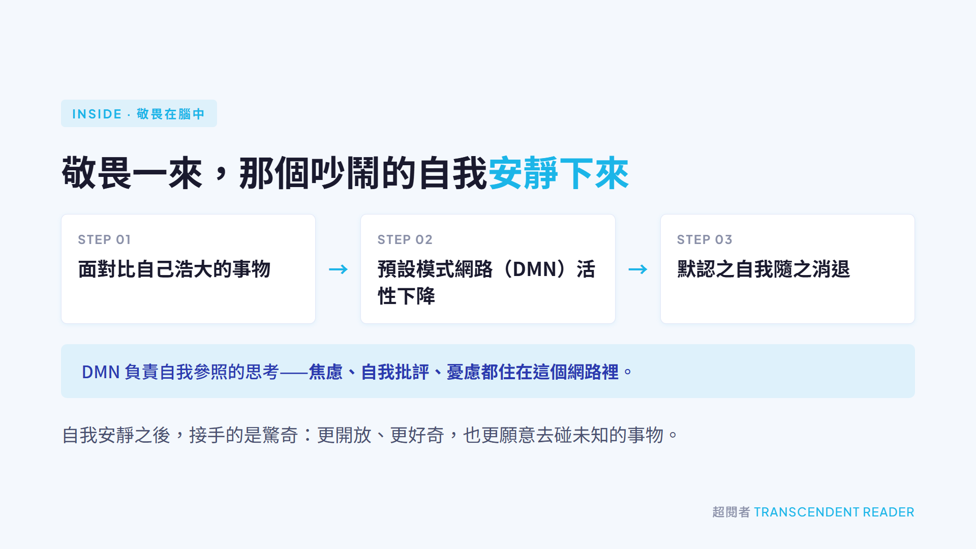 《敬畏》讀後心得:敬畏讓自我變小,卻讓我們更靠近身邊的人 4 《敬畏》提到面對浩大事物時,預設模式網路活性下降,默認之自我隨之消退