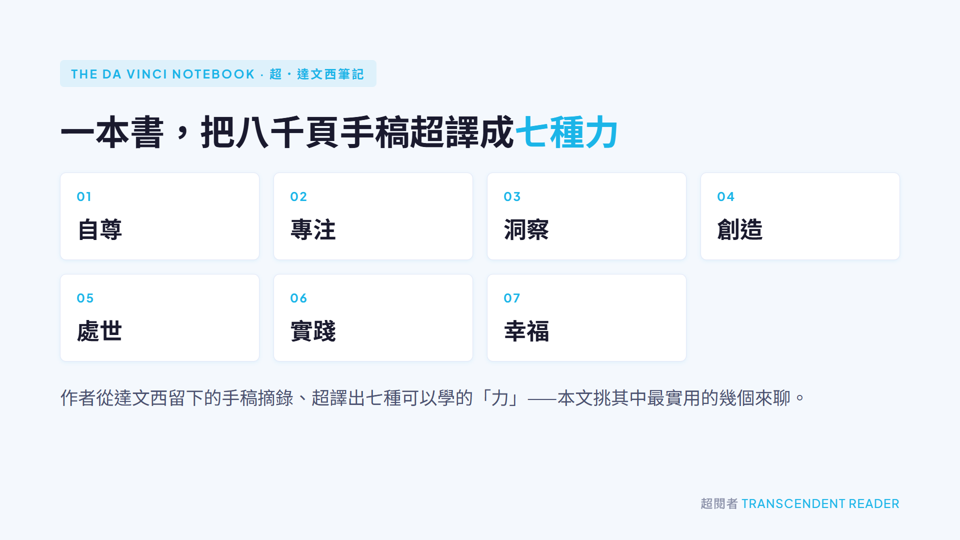 《超.達文西筆記》讀後心得:全能天才達文西,是怎麼思考、怎麼做筆記的? 2 《超.達文西筆記》把達文西手稿超譯成七種力:自尊、專注、洞察、創造、處世、實踐、幸福