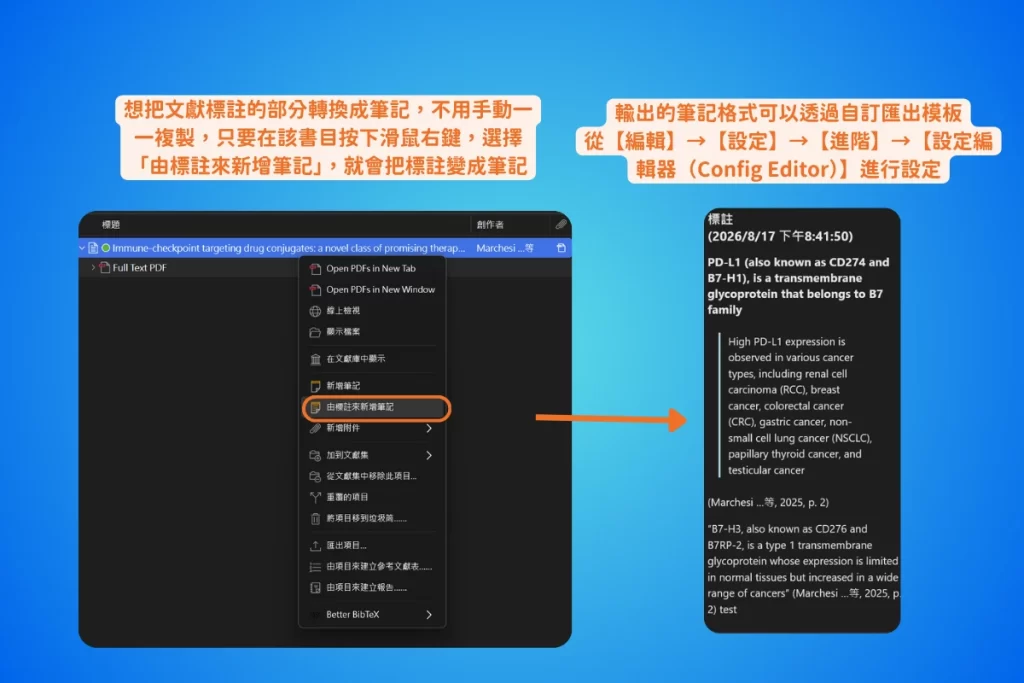 【2026 最新】Zotero 教學完整指南:從入門到 AI 進階,一篇搞定文獻管理 15 在書目上按滑鼠右鍵選擇由標註來新增筆記,右側就生成一則筆記,每條重點都帶著作者、年份與頁碼的引用資訊
