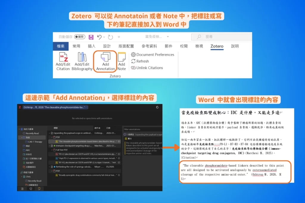 【2026 最新】Zotero 教學完整指南:從入門到 AI 進階,一篇搞定文獻管理 19 Word 的 Zotero 頁籤點下 Add Annotation,引用對話框展開各篇文獻上的標註,選取其中一條後,該段原文與作者頁碼就直接插入 Word 內文
