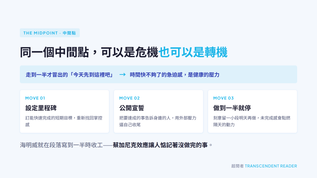 《什麼時候是好時候》讀後心得:萬事萬物都有其適合的時機 8 面對中間點低谷的三個做法:設定里程碑、公開宣誓、做到一半就停下來