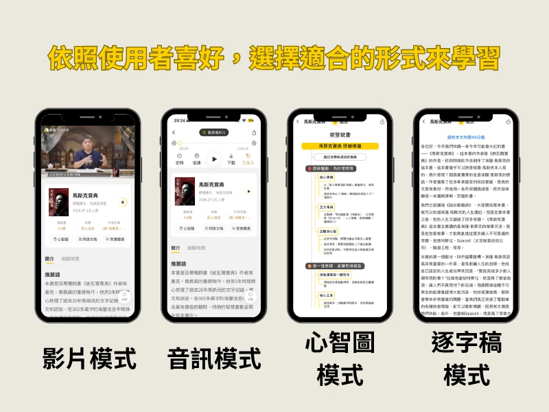 樊登說書 APP 使用心得:善用零碎時間來學習 3 樊登說書 APP 同一本《馬斯克寶典》的四種學習模式並排比較,由左至右依序是影片模式的樊登講書畫面、音訊模式的播放器介面、心智圖模式的整本書架構圖,以及逐字稿模式的全文文字
