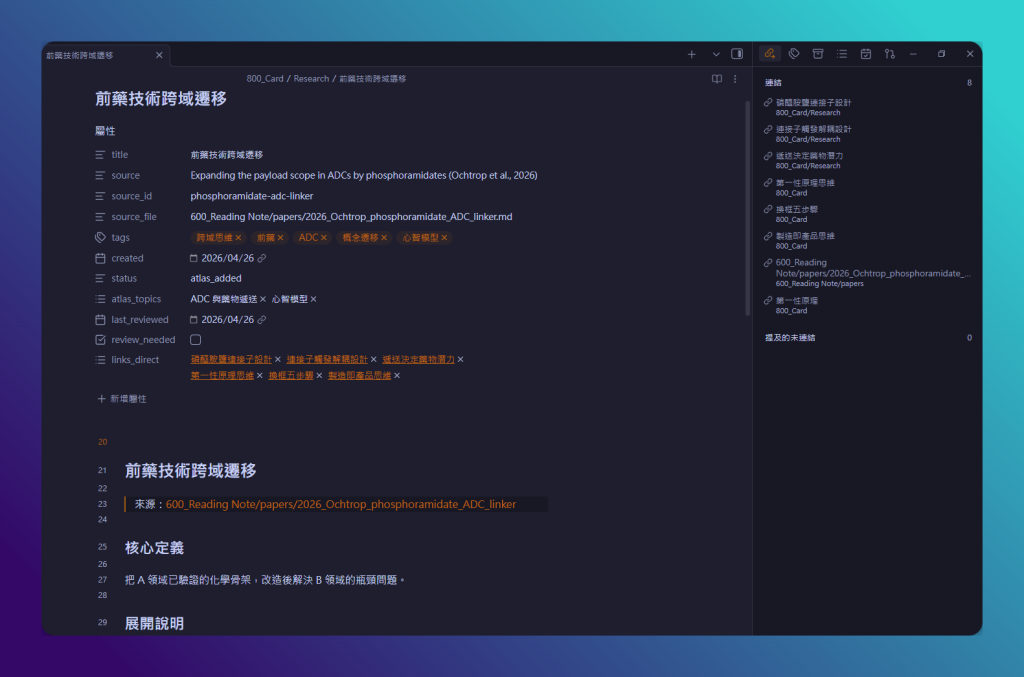 Zotero 串接 Obsidian 完整教學|生成文獻筆記,讓想法互相連結 2 Obsidian 筆記右側面板列出所有相關聯的雙向連結