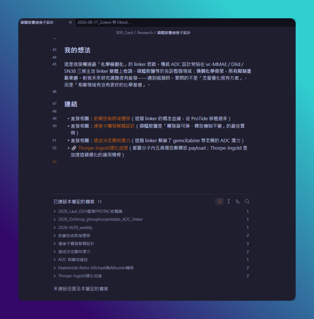 Zotero 串接 Obsidian 完整教學|生成文獻筆記,讓想法互相連結 3 Obsidian 筆記底部的反向連結面板,列出所有連過來的筆記