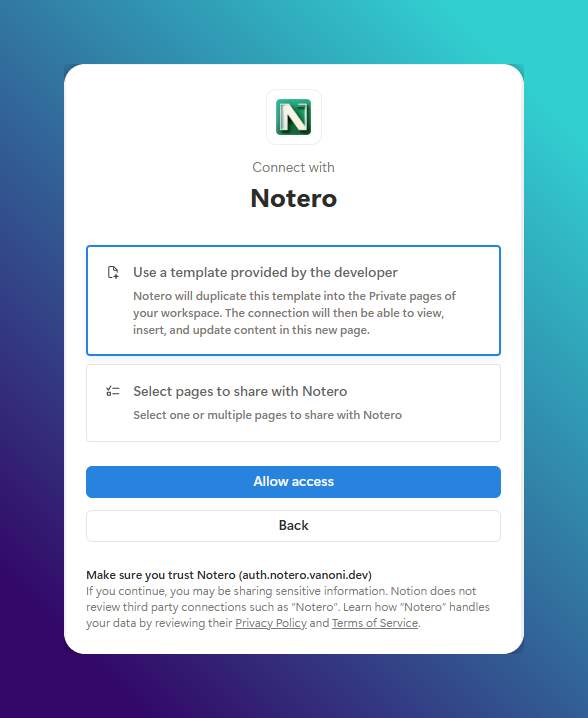 Zotero 搭配 Notion 完整教學|用 Notero 把文獻變成可追蹤的資料庫 8 Zotero 搭配 Notion_Notion 的 Notero 授權頁,可選 Use a template provided by the developer 或 Select pages to share with Notero,下方是 Allow access 按鈕