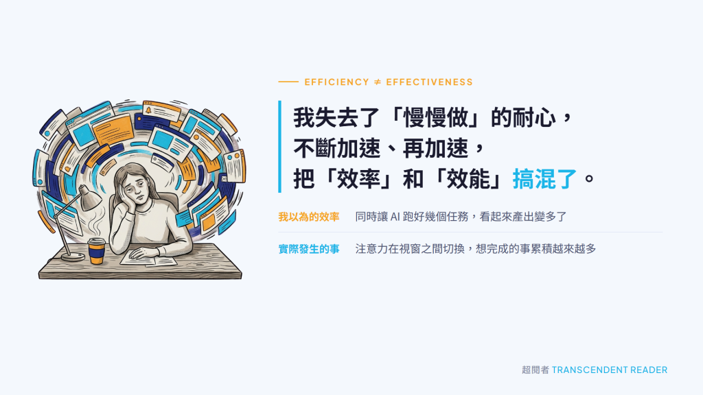 1000 天後,AI 帶來什麼改變與影響?我們該如何應對? | 《未來 1000 天》心得 5 未來1000天_我以為的效率是同時讓 AI 跑好幾個任務、產出變多,實際發生的是注意力在視窗之間切換,想完成的事累積越來越多。